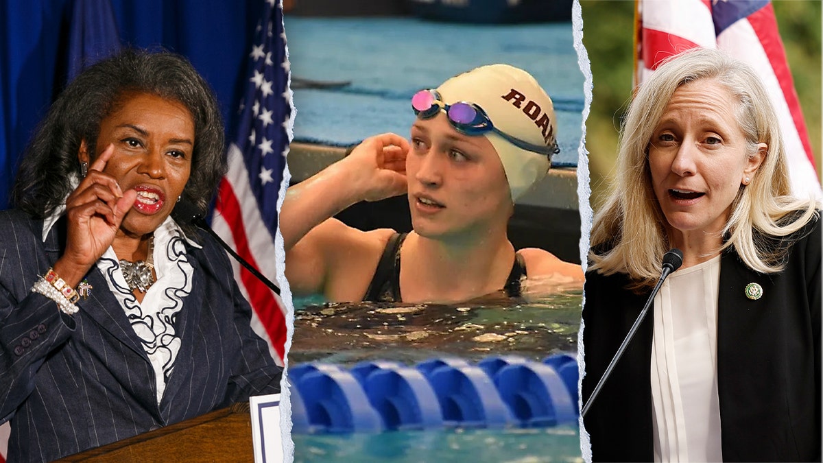 Former NCAA swim captain fro Virginia is juxtaposed between images of the Democratic candidate for Virginia governor, Abigail Spanberger, and the Republican candidate Winsome Earle-Sears
