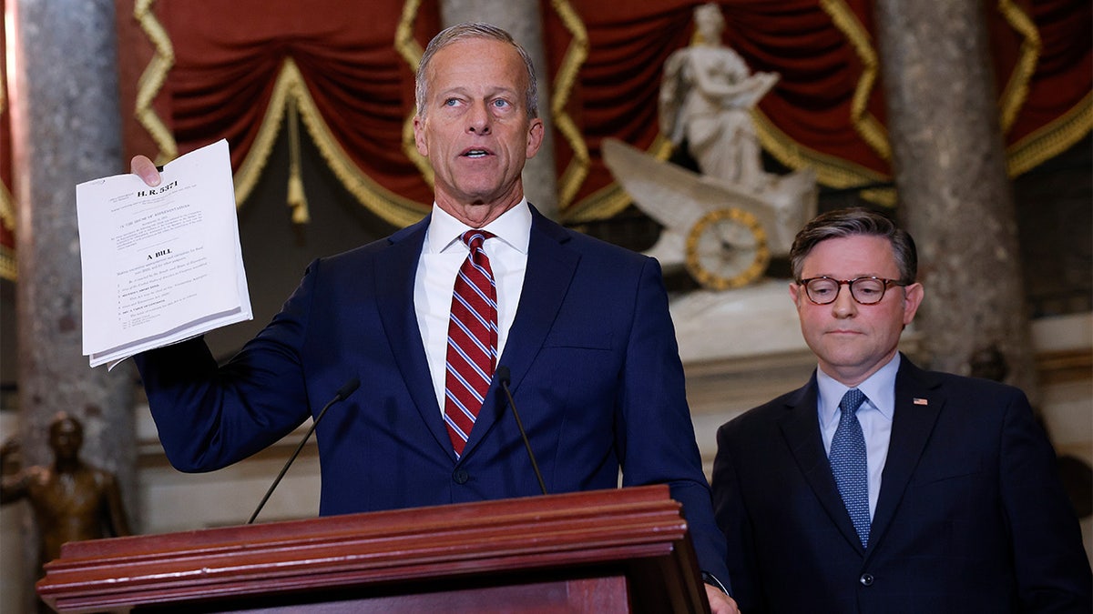 Senate Majority Leader John Thune and Speaker Mike Johnson give a news conference