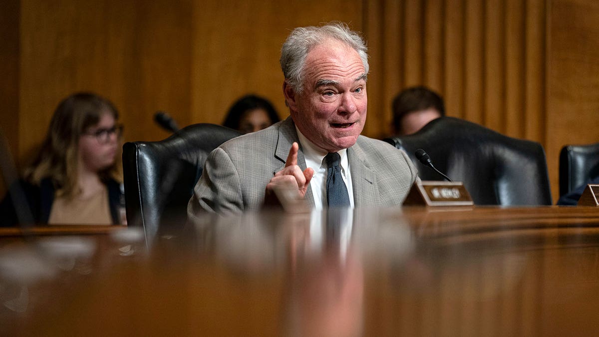 Virginia Democrat Sen. Tim Kaine speaks at a hearing