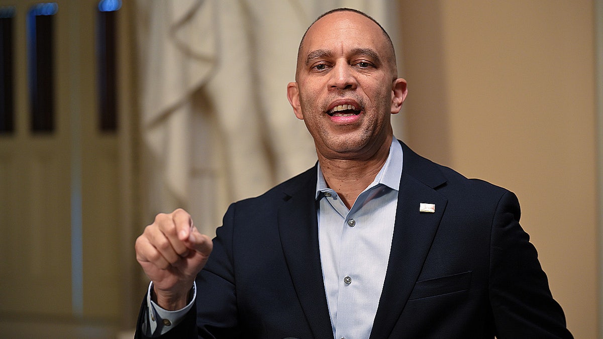 Hakeem Jeffries speaks to the media