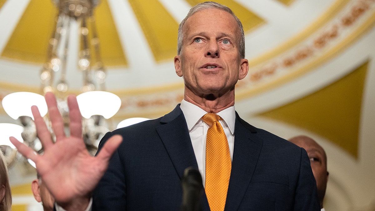 Sen. John Thune speaks to media members