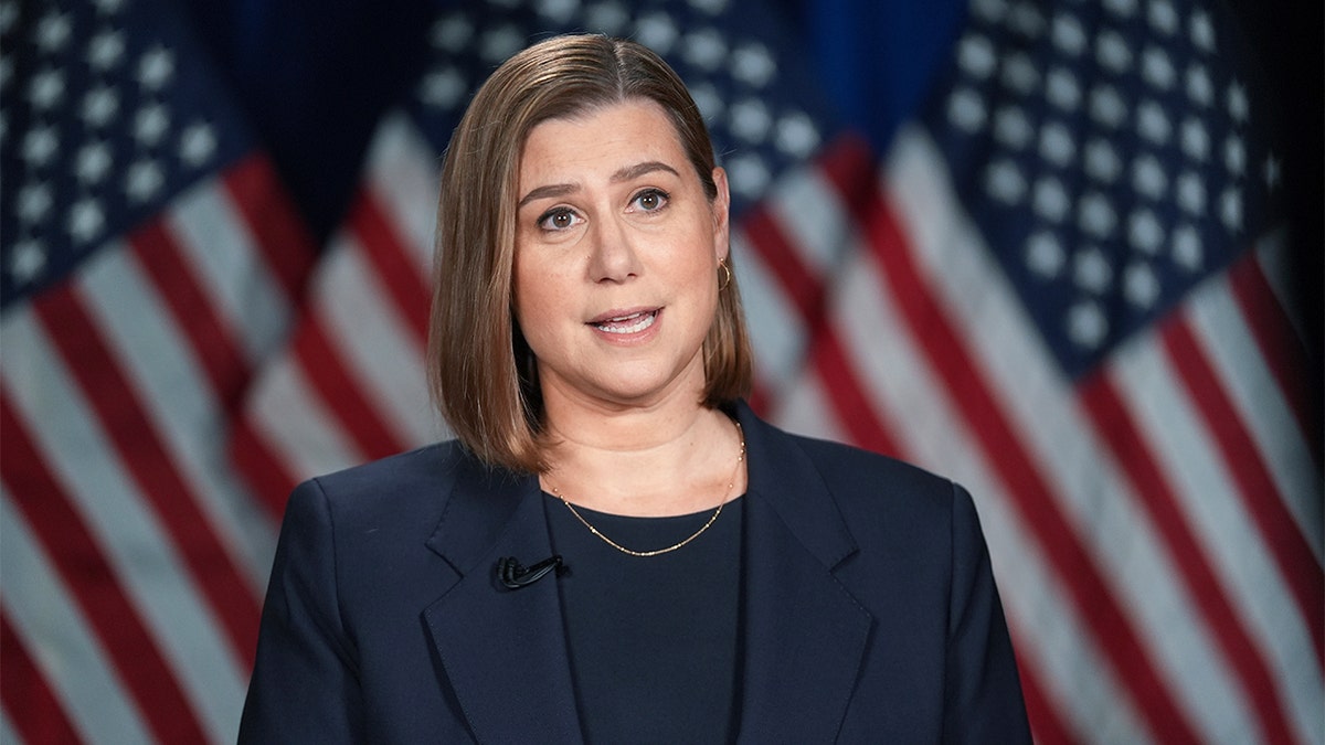 Senator Elissa Slotkin with American flags in the background