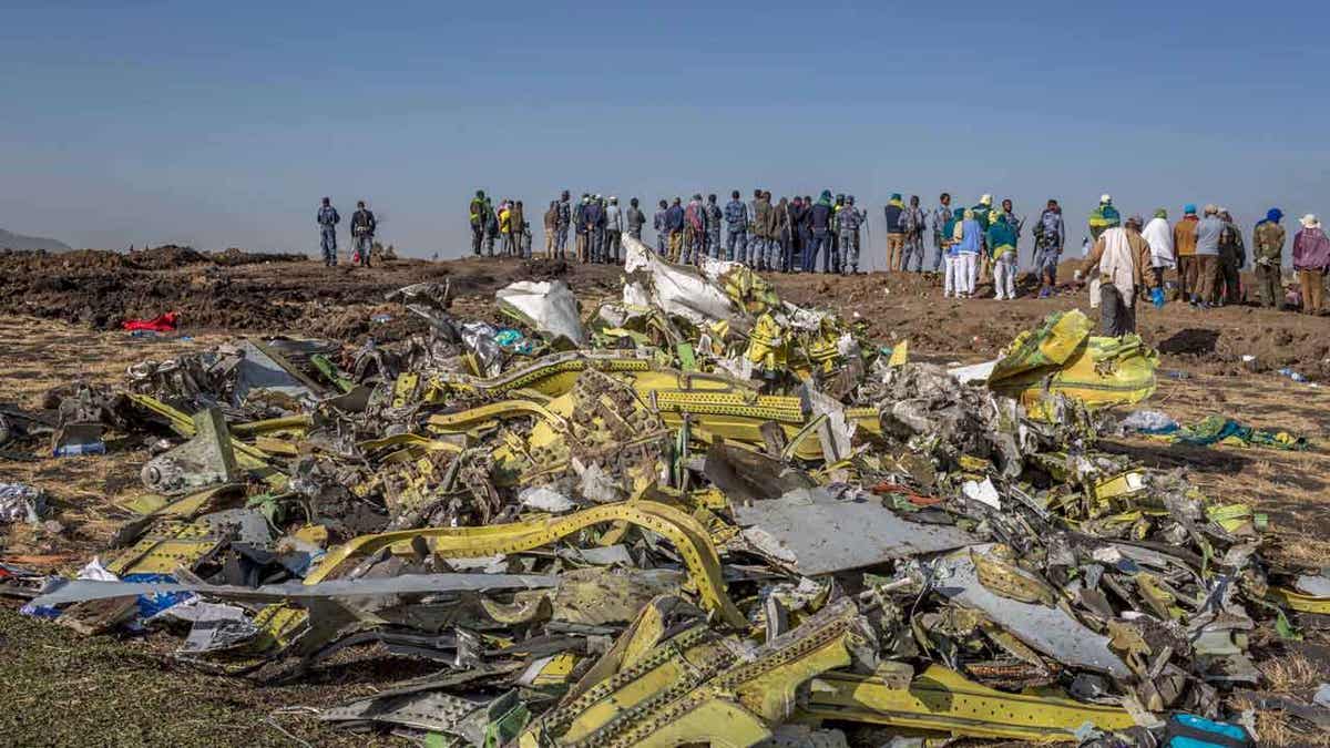 The scene of an Ethiopian Airlines flight crash near Bishoftu, or Debre Zeit, south of Addis Ababa, Ethiopia, March 11, 2019. 
