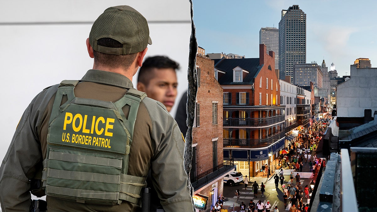 Border Patrol agent shown next to a shot of New Orleans
