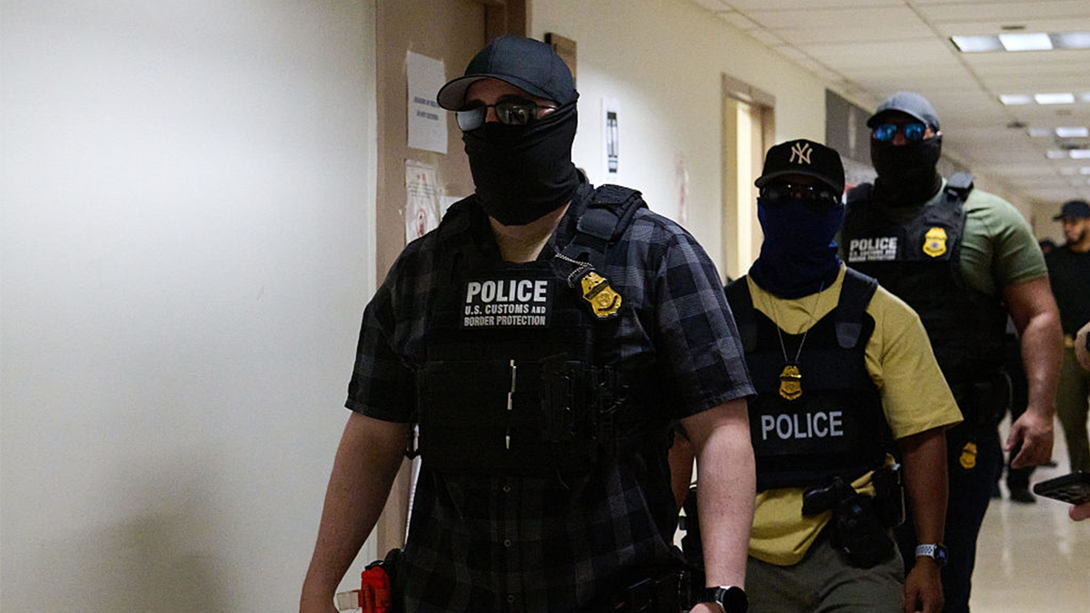 ICE agents wearing masks detain immigrants and asylum seekers reporting for immigration court proceedings