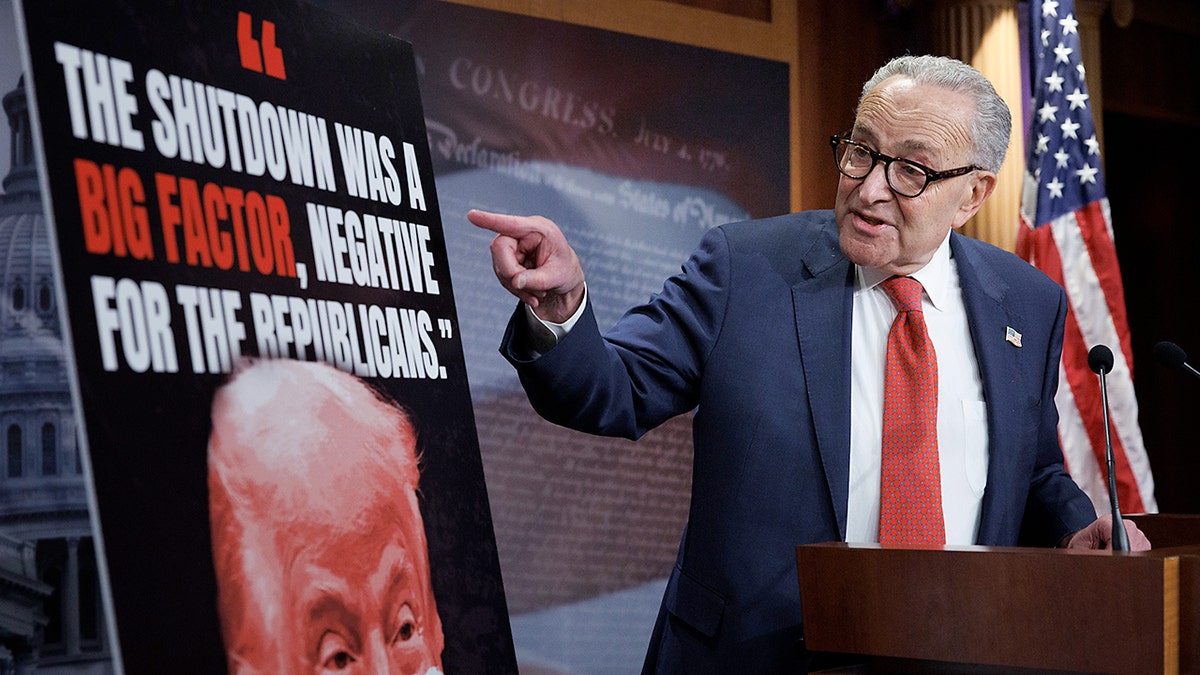 Senate Minority Leader Chuck Schumer (D-N.Y.) speaks to reporters during a news conference on November 5, 2025 on Capitol Hill in Washington, DC. The record for longest shutdown in the U.S. Government was broken Wednesday as it entered its 36th day.