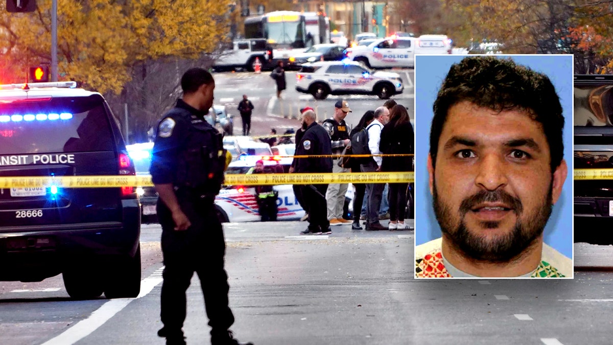 police on streets blocked off split with photo of National Guard shooting suspect, Rahmanullah Lakanwal