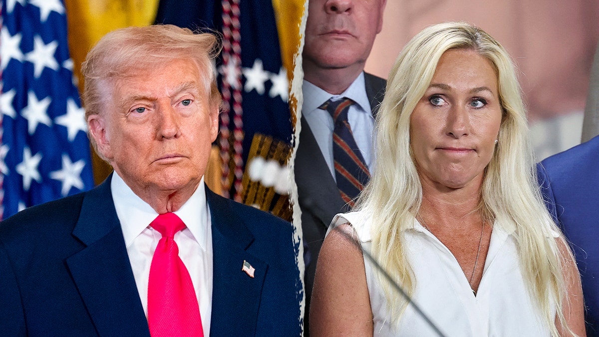 Trump and Marjorie Taylor Greene shown in split image