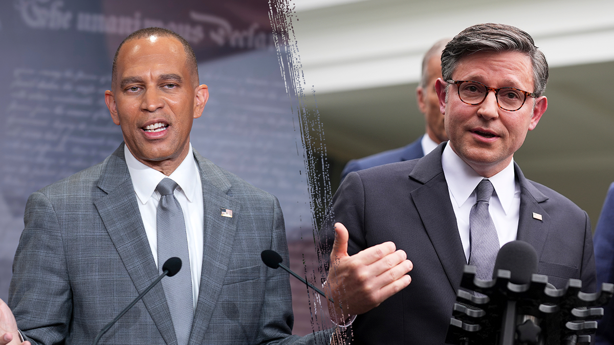 Mike Johnson and Hakeem Jeffries split image