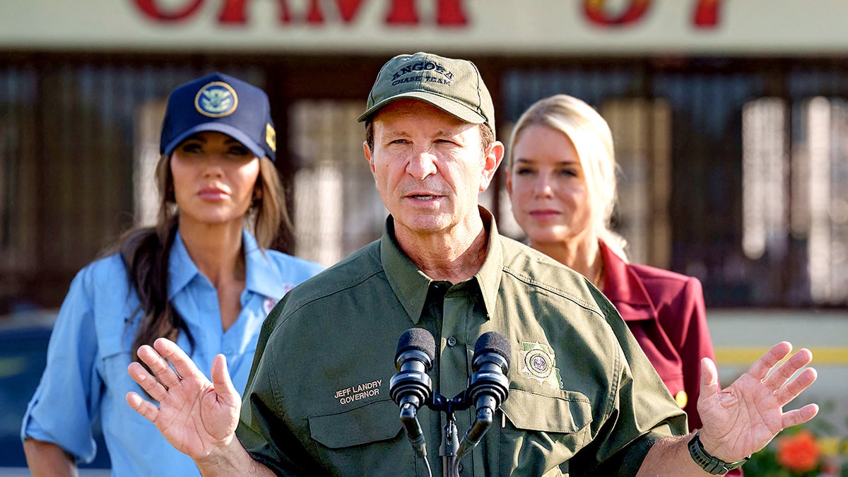 Louisiana Gov. Jeff Landry speaks at a press conference with Kristi Noem and Pam Bondi.
