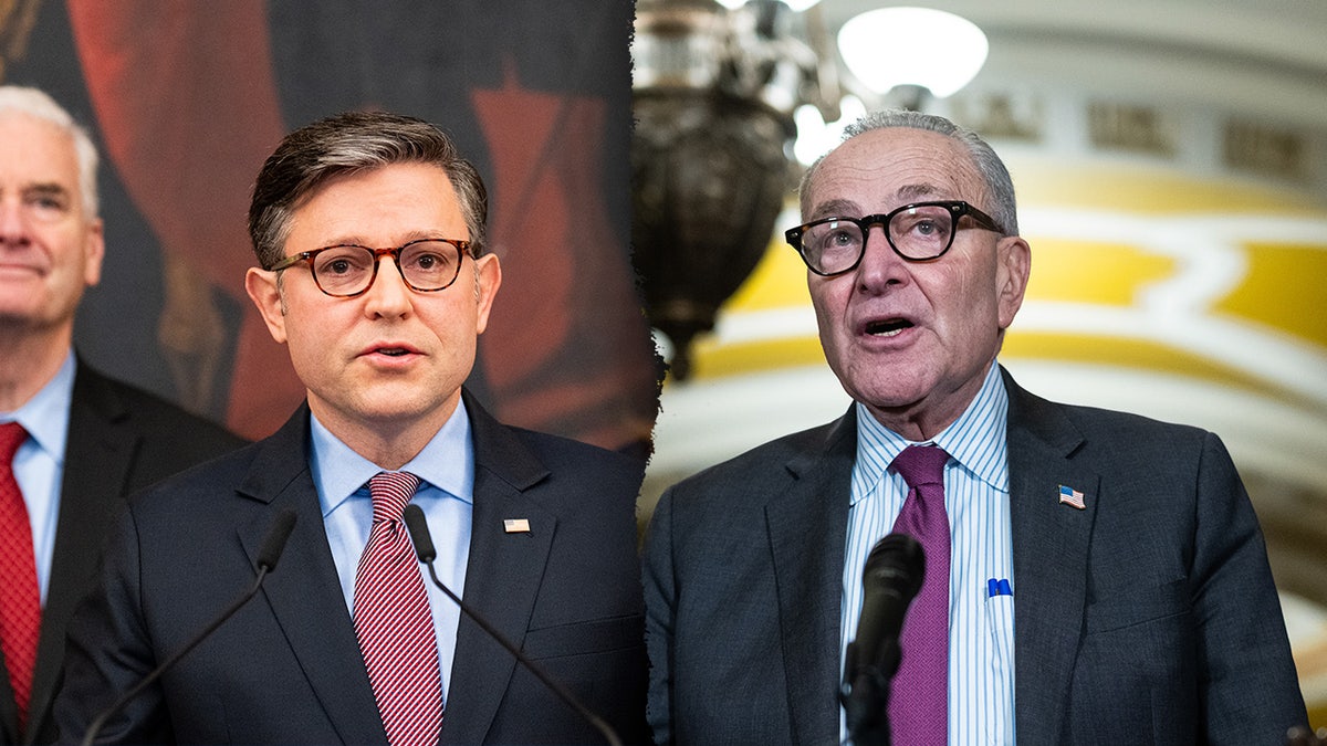 Mike Johnson, Chuck Schumer split image