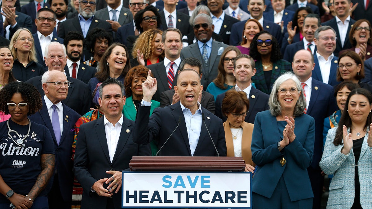 House Minority Leader Hakeem Jeffries (D-N.Y.), joined by fellow House Democrats, speaks at a press conference outside of the U.S. Capitol on September 30, 2025 in Washington, DC.