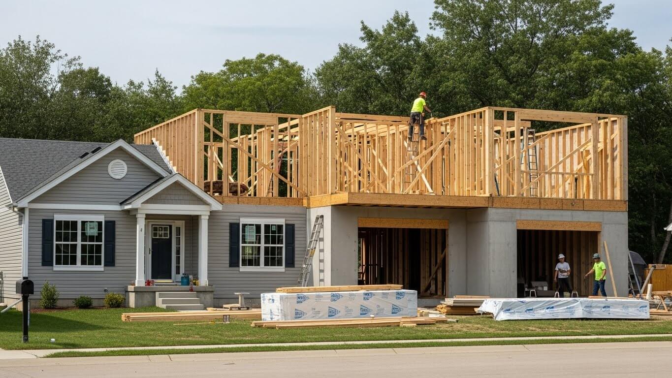 Second story addition framed above an existing home with workers on site in a residential neighborhood