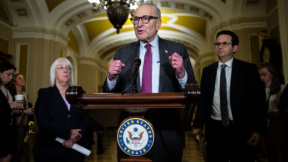 Senate Minority Leader Chuck Schumer, D-N.Y., with Sens. Patty Murray, D-Wash., and Brian Schatz, D-Hawaii, speaking.