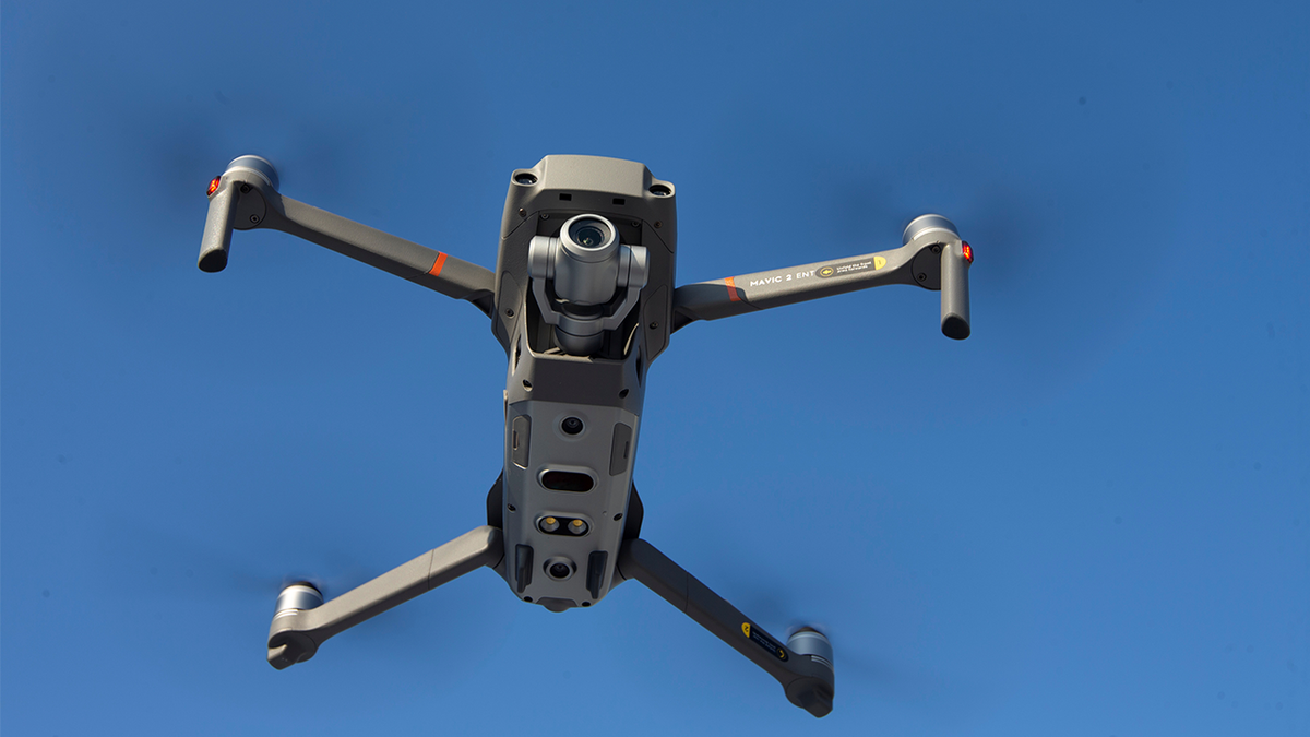 A drone is seen in the sky