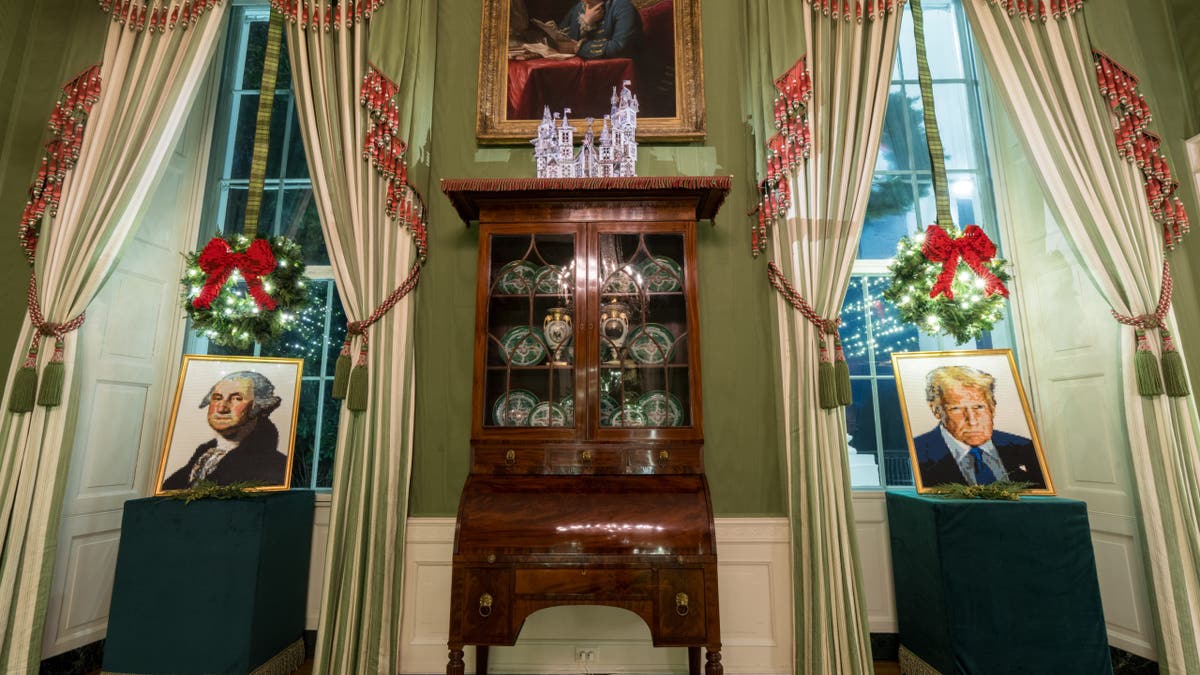 The Green Room’s theme is "Home is Where the Heart Is: Family Fun." The room highlights America’s favorite games and activities, with playing cards; Lego portraits of President Trump and President George Washington; dominoes and more.