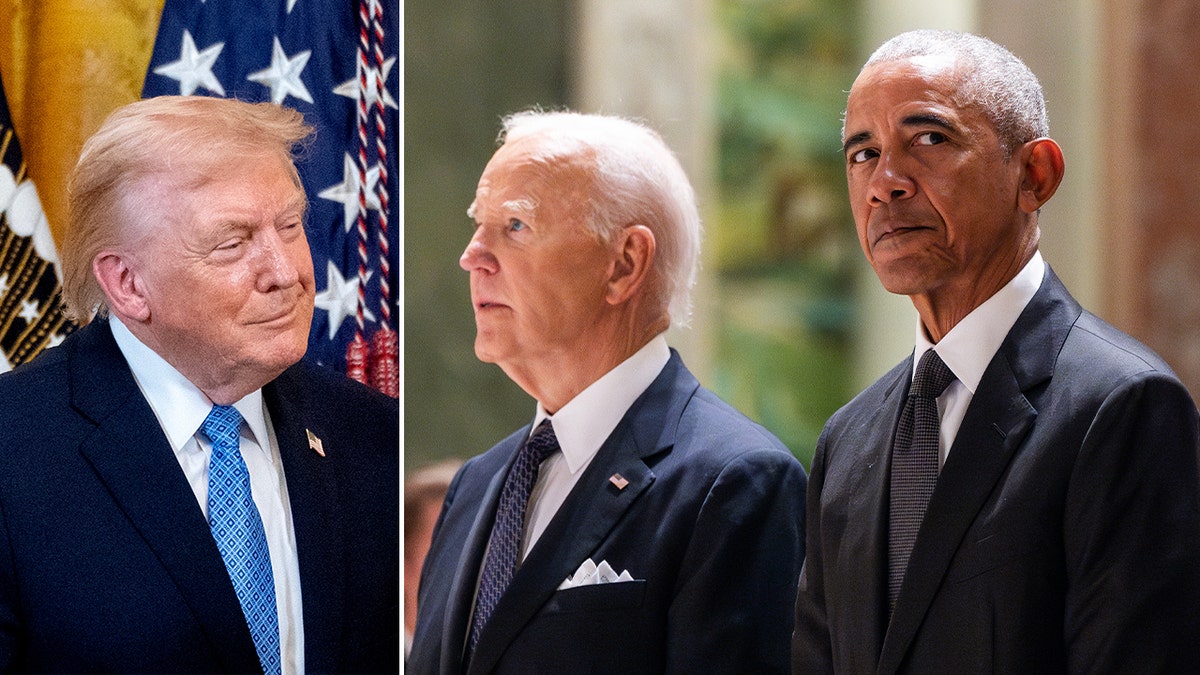 Donald Trump looks at Joe Biden and Barack Obama