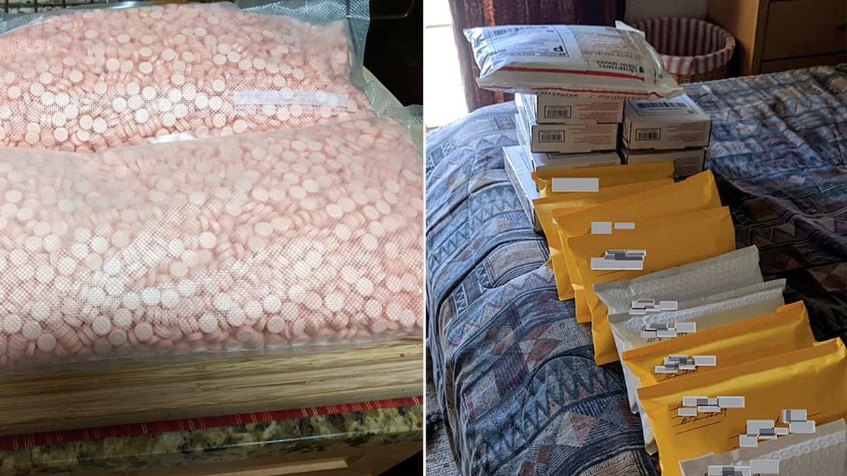split photo of packages on bed and pink pills