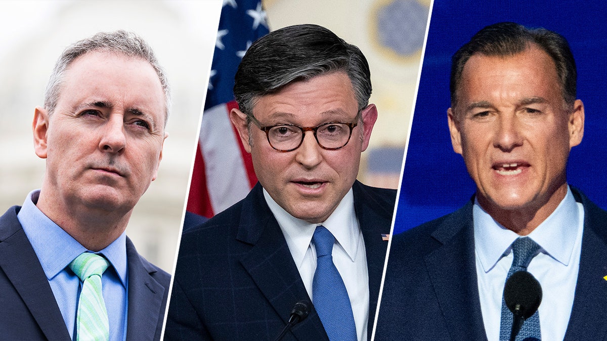 A three-way split image of Brian Fitzpatrick, Mike Johnson, and Tom Suozzi