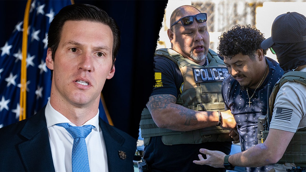 Congressman Harrigan, left, pictured alongside a pair of law enforcement officers, right