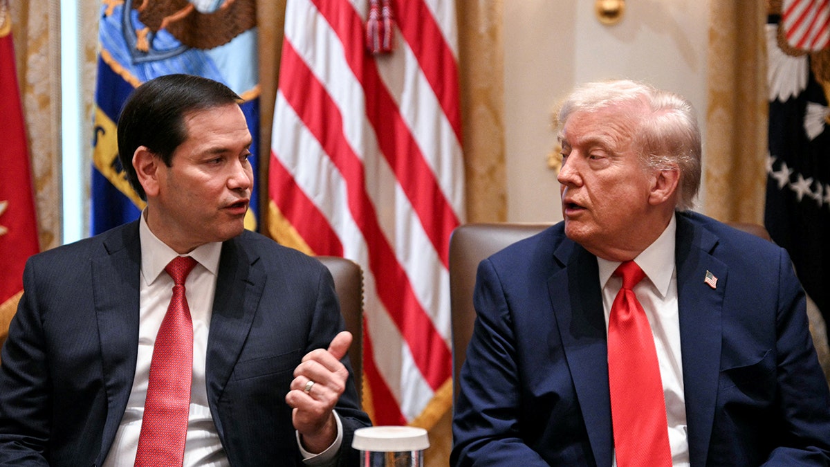 Marco Rubio and Donald Trump speak to each other during a cabinet meeting