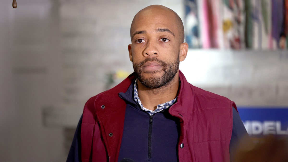 Mandela Barnes addresses a crowd during a canvas launch event.