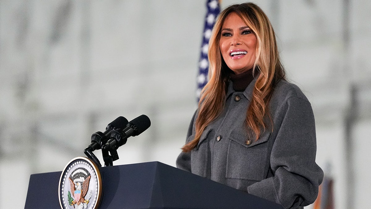 First lady Melania Trump speaks at podium