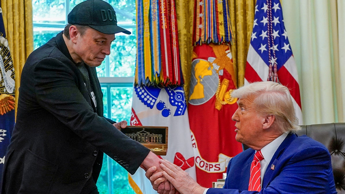 Elon Musk and Donald Trump shake hands in the Oval Office as the billionaire ends his time with the administration