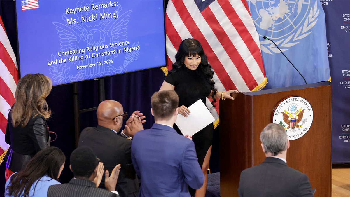 Nicki Minaj steps away from a podium following a discussion at the U.S. Mission to the United Nations.