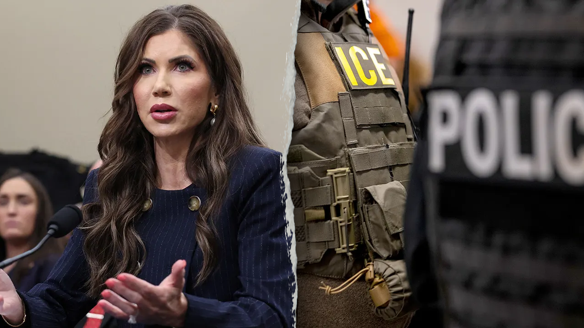 Homeland Security Secretary Kristi Noem and federal agents with ICE.