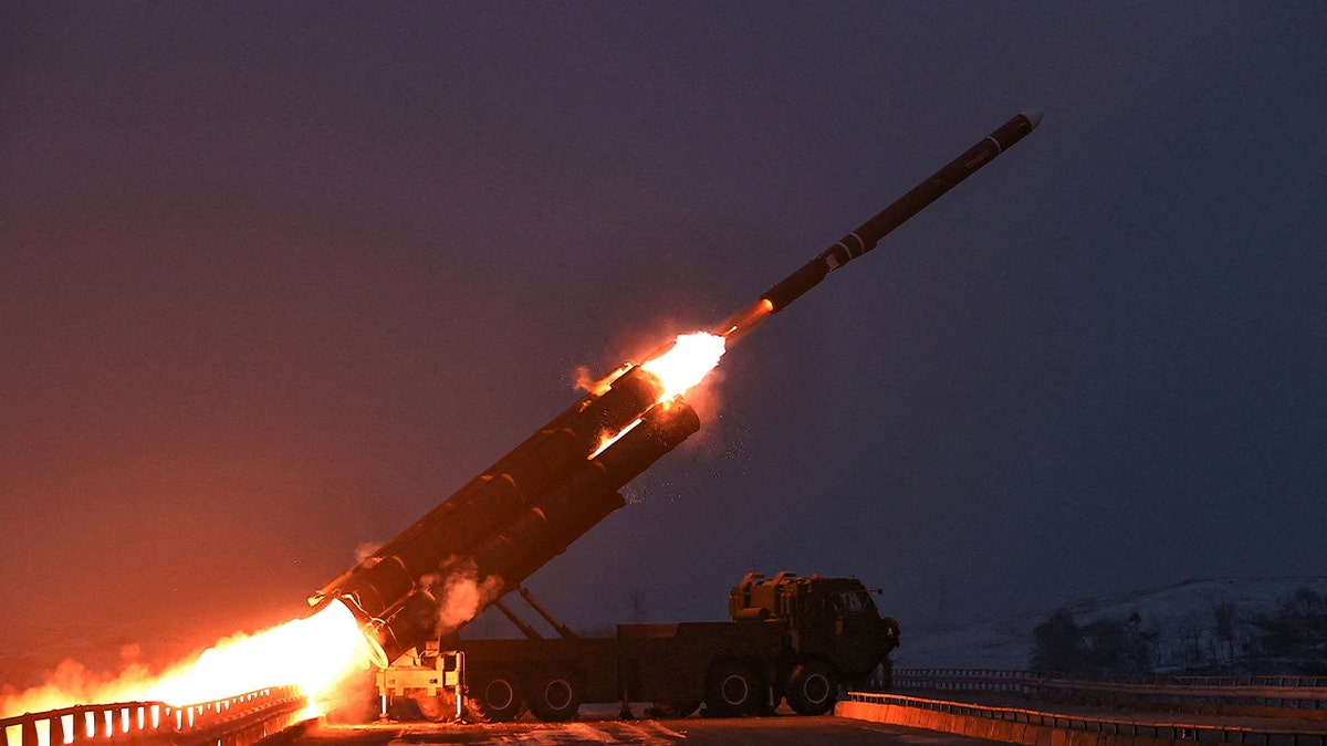 A projectile flies mid-air on the day North Korean leader Kim Jong Un oversaw a long-range strategic cruise missile launching drill, according to local media, at an unknown location, December 28, 2025, in this pictured released December 29, 2025 by North Korea's official Korean Central News Agency.
