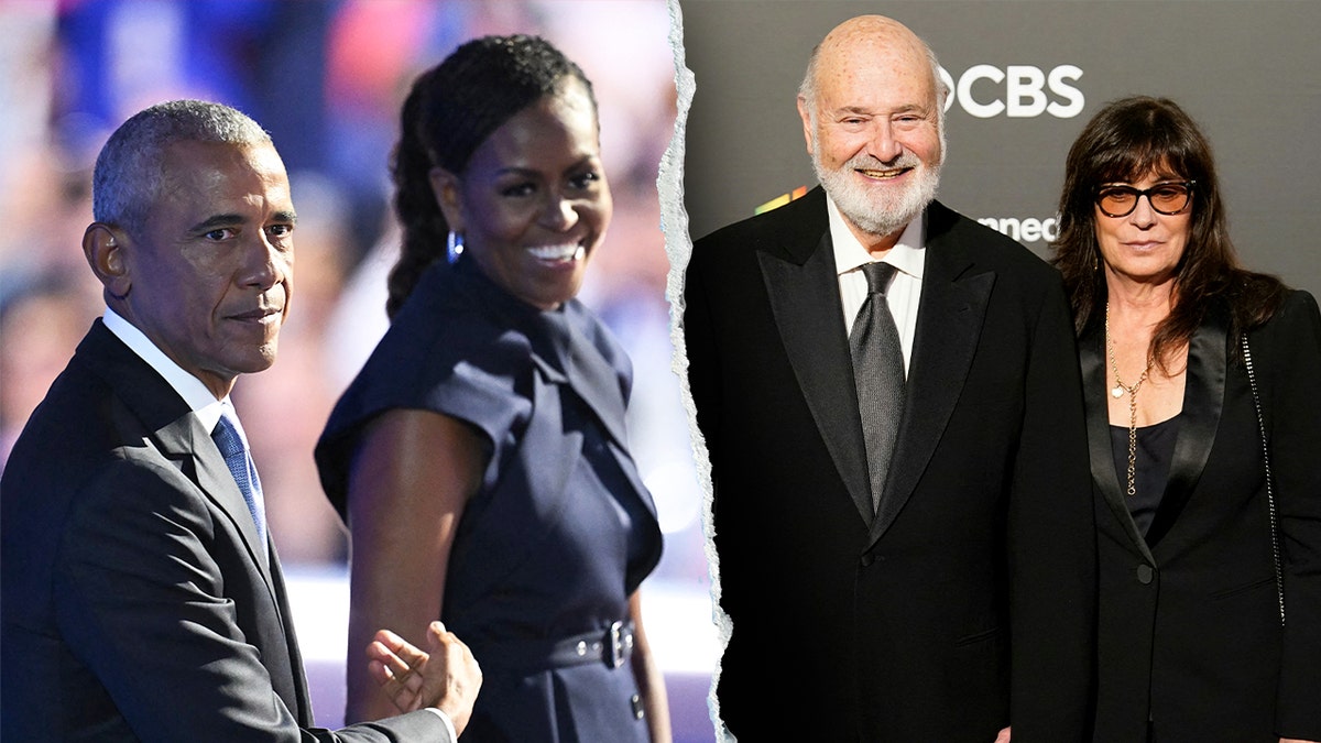 Split image of the Obamas and Rob and Michele Reiner.