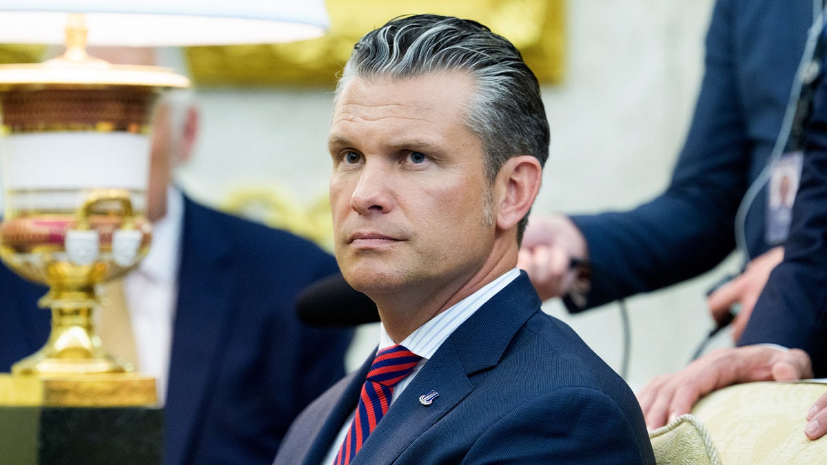 War Secretary Pete Hegseth sits in the Oval Office on Sept. 3, 2025.