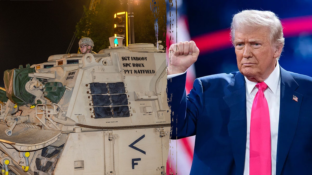 Split image of a tank and Donald Trump