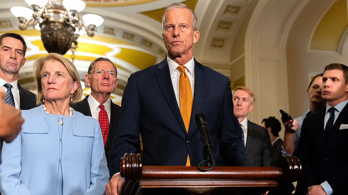 Senate Majority Leader John Thune speaks at a press conference following a Republican policy luncheon on Capitol Hill.