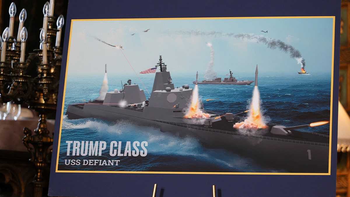 A rendering of 'Trump Class' USS Defiant is displayed, on the day U.S. President Donald Trump makes an announcement about the Navy's "Golden Fleet", at Mar-a-lago in Palm Beach, Florida, U.S., December 22, 2025.