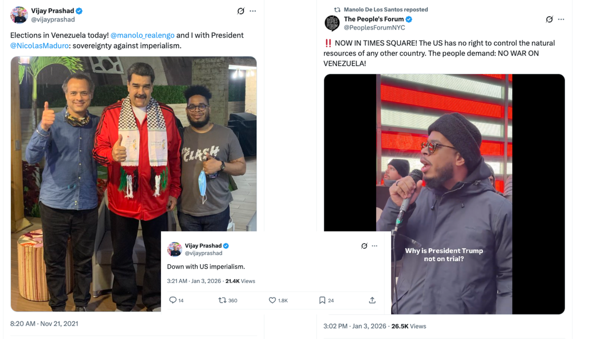 Two leaders in the global socialist network, Vijay Prashad and Manola De Los Santos, stand with Nicholas Maduro on election day in 2021. They emerged as outspoken leaders in the pro-Maduro protests after Maduro's arrest by U.S. military forces.