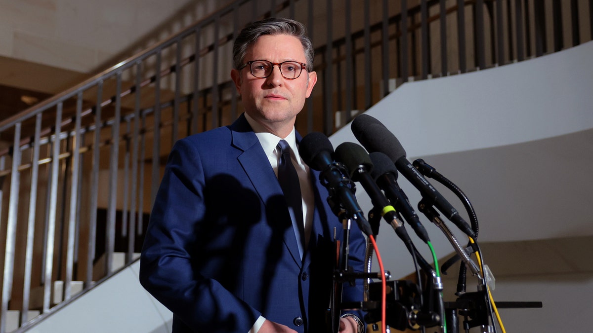 Speaker Johnson speaks to the press