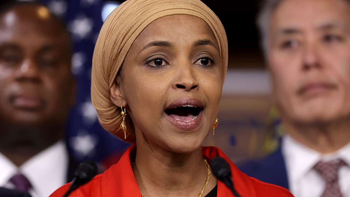 Rep. Ilhan Omar speaks at a press conference.