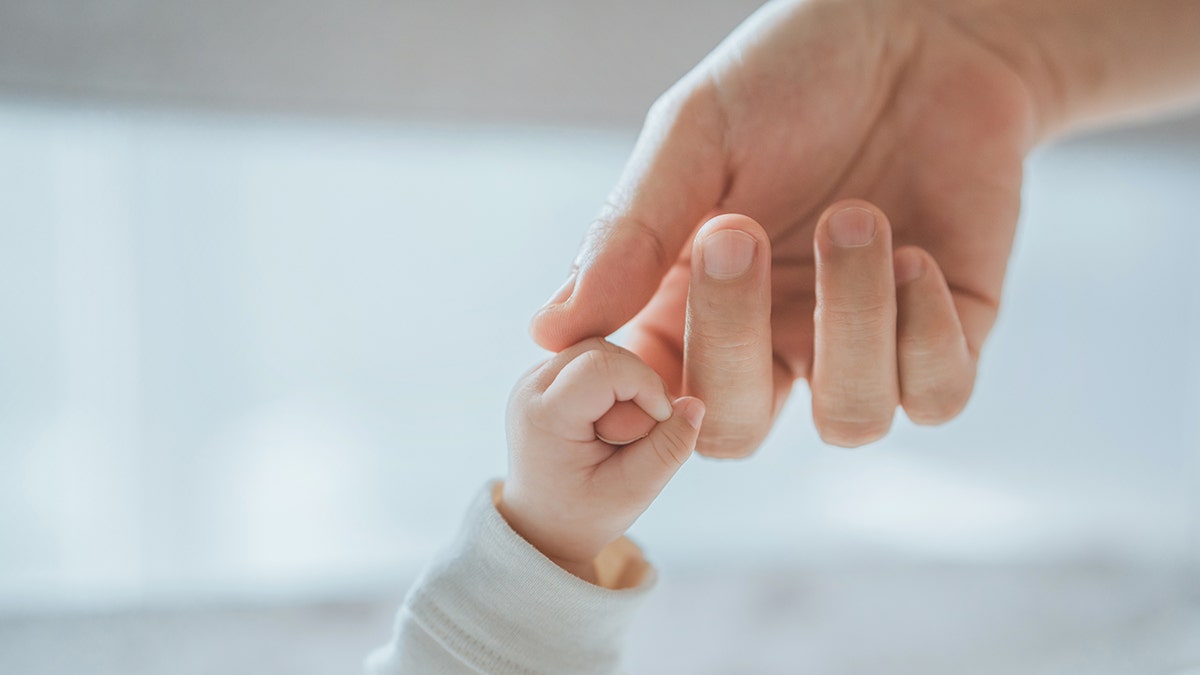 Close-up little hand of child baby holding hand of mother