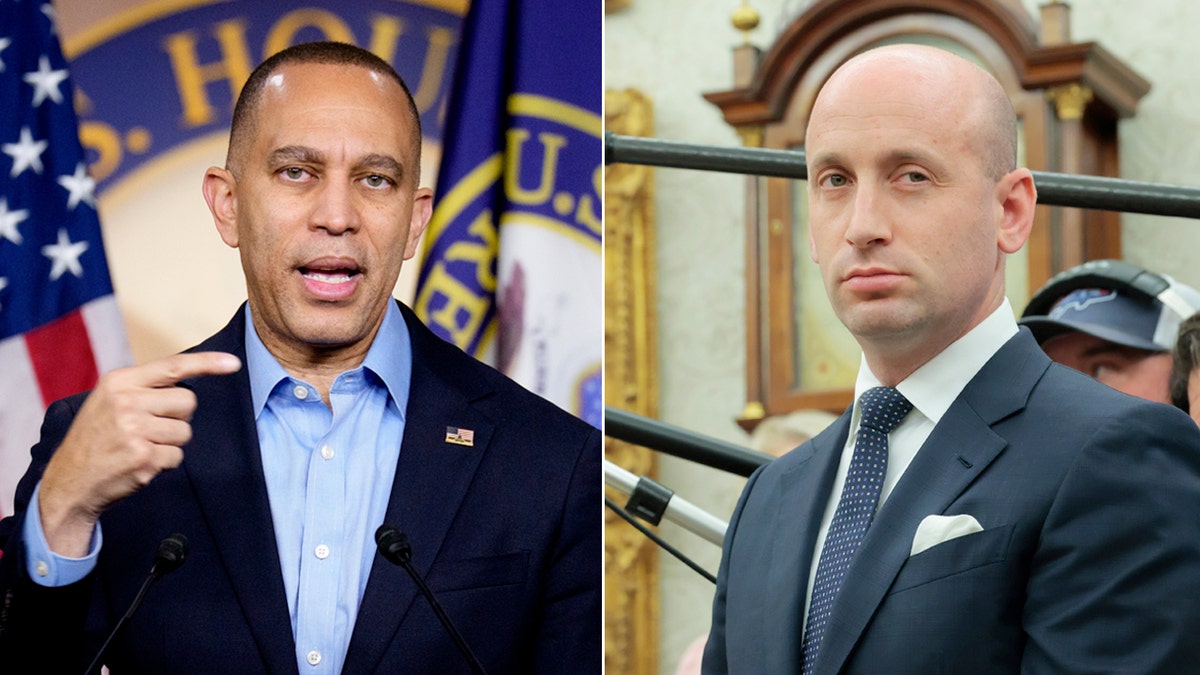 Left: House Minority Leader Hakeem Jeffries; Right: Stephen Miller