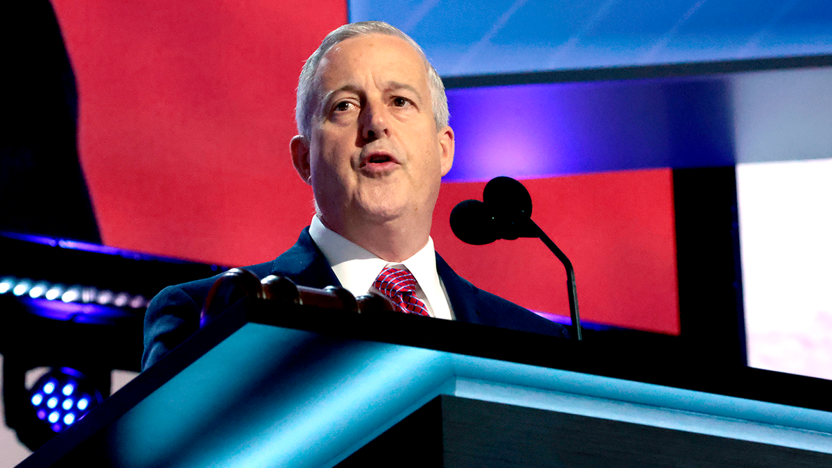 North Carolina Senate candidate Michael Whatley gives an address.