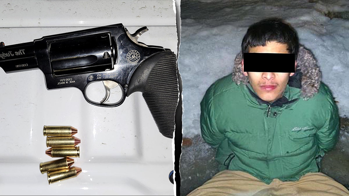 Gun and man arrested with eyes covered.