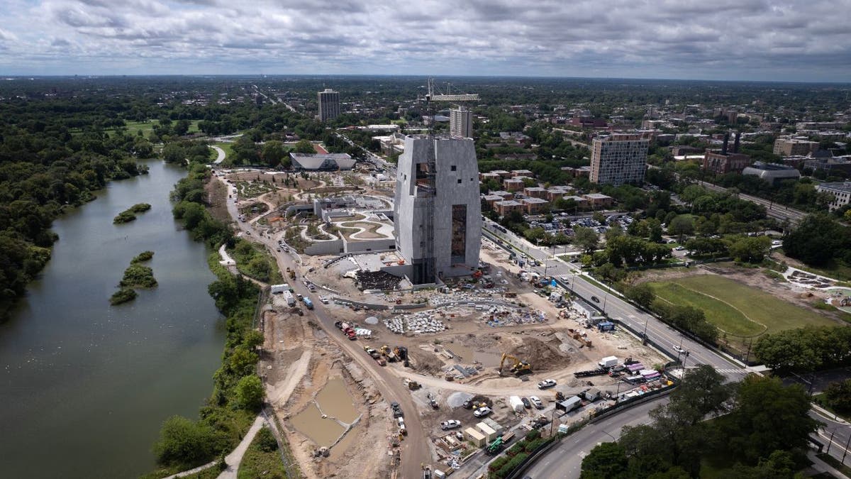 Aerial view of Obama Presidential Center construction in Jackson Park, Chicago.