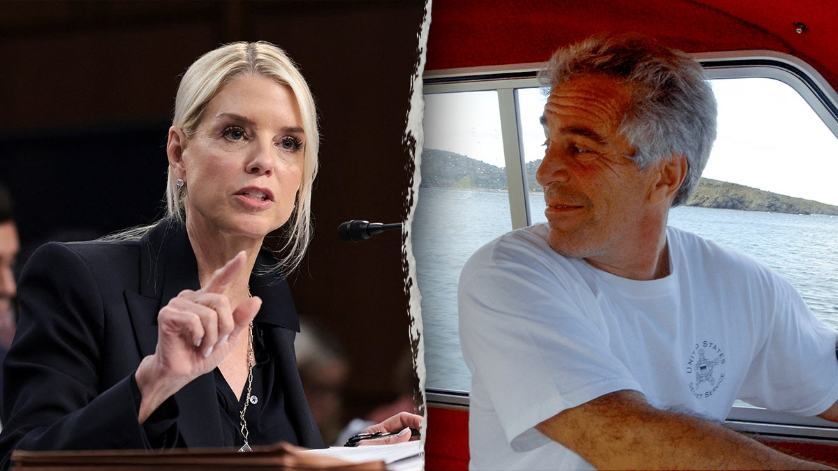 Pam Bondi and Jeffrey Epstein shown in a split image