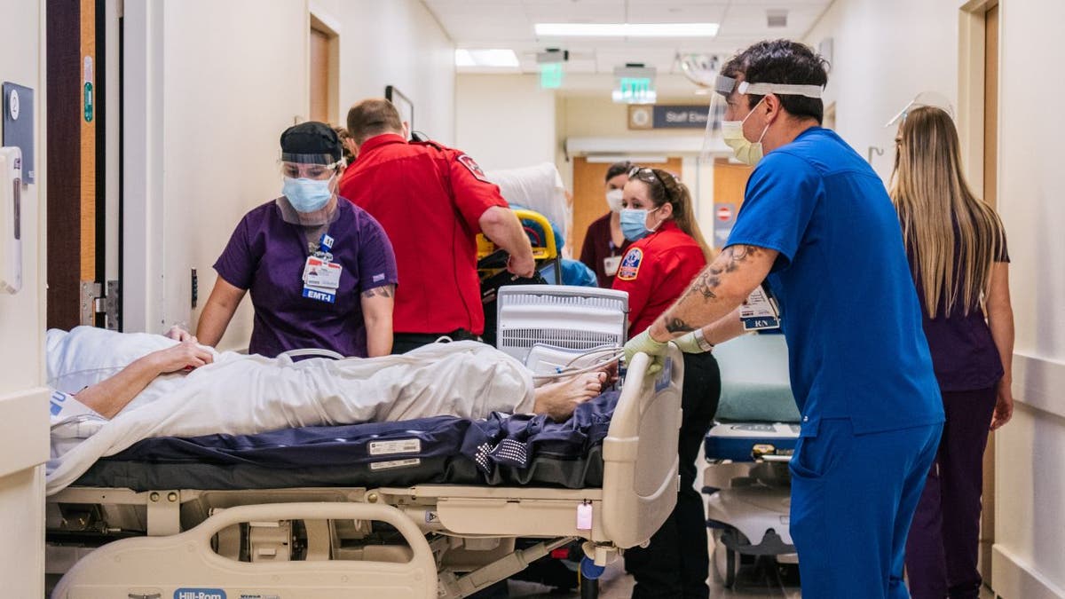 Emergency room staff treat patients in a hospital hallway at Houston Methodist The Woodlands Hospital.