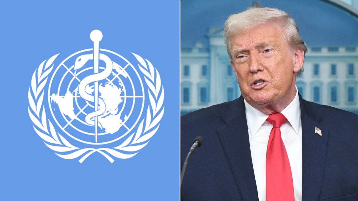 Left: WHO logo; Right: President Donald Trump