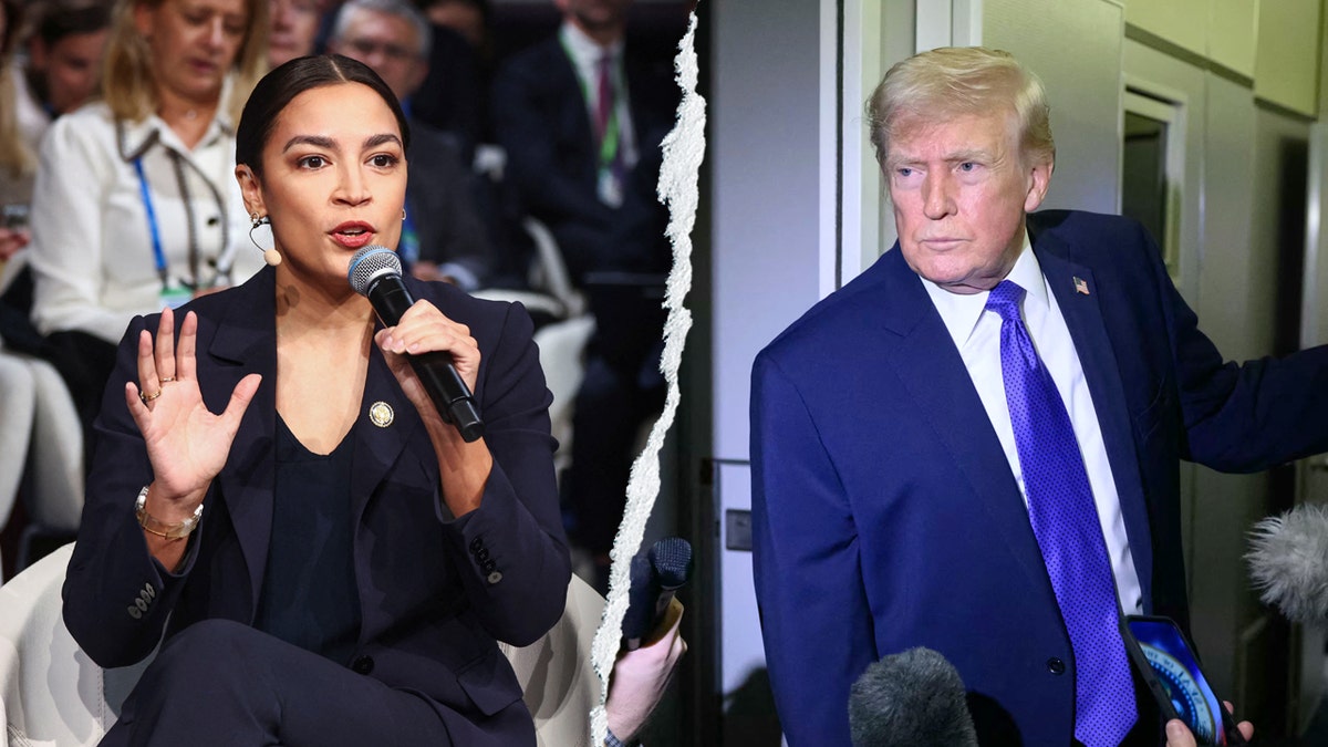 Rep. Alexandria Ocasio-Cortez speaking and President Donald Trump listening