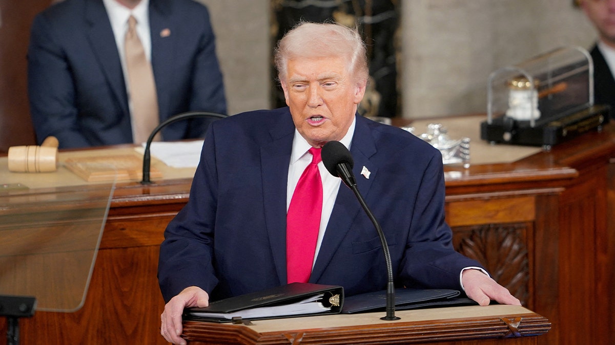President Donald Trump speaks from the rostrum in the House Chamber during his annual address to Congress.