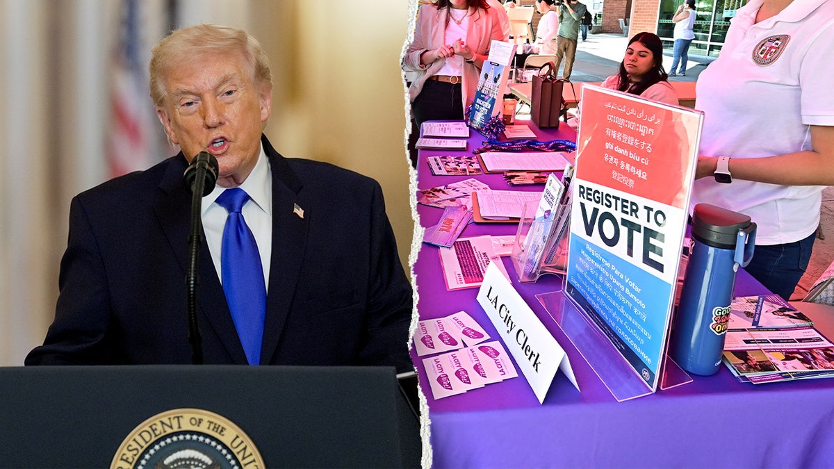 President Donald Trump, left, pictured next to a voter registration booth, right